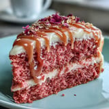 Pastel de terciopelo rosado infusionado con vino rosado, cubierto con suave frosting de queso crema y elegante gota de oro comestible.  
