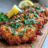 Oven-baked schnitzel dorado y jugoso, perfecto con ensalada de patatas clásica.