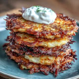 Golden pan-fried potato pancakes piled high, a delicious vegetarian side dish.