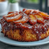 Pastel volteado de azúcar morena con melocotones caramelizados, listo para servir.