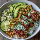 Deliciosos Street Corn Chicken Rice Bowls con pollo jugoso, maíz cremoso y aguacate.