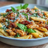 Deliciosa pasta cremosa de tomate y albahaca con pollo rallado.