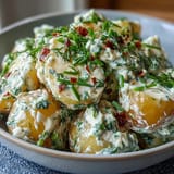 Foto de ensalada de papa ranch con queso cottage, cremosa y llena de sabor, perfecta para barbacoas.