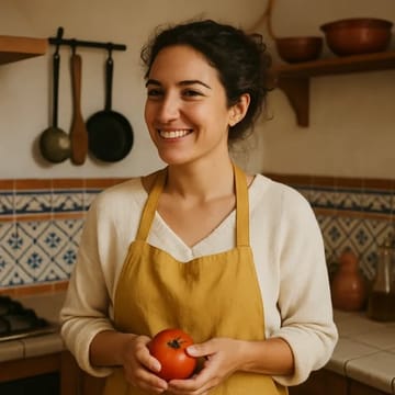 Carmen Sabrosa sonriendo con una tomate en su mano.