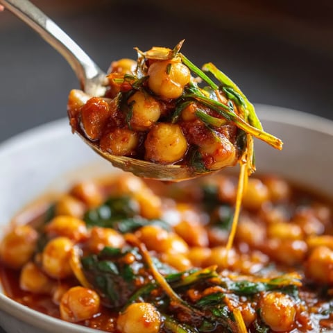 Una cacerola llena de chickpeas y espinacas con un toque de ajo.