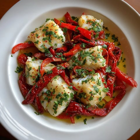 Plato de salmón con pimientos rojos.