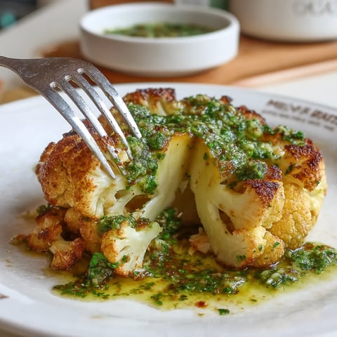 Una porción de "steak" de coliflor con mojo verde.