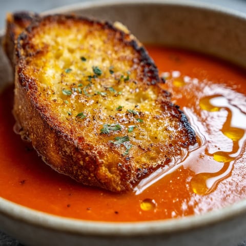 Sopa de tomate y pimiento rojo con pan tostado.