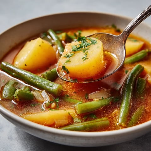 Un plato de sopa con verduras y papas.