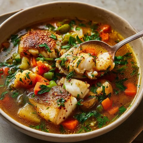 Una deliciosa sopa de pescado con verduras frescas.