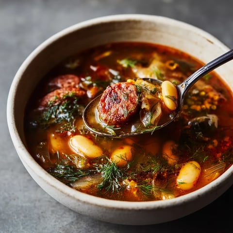 Una cacerola con sopa de fennel y chorizo con lentejas.