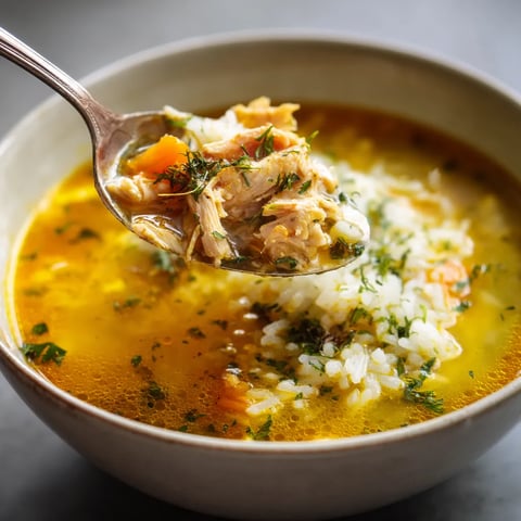 Una cacerola con sopa de pollo y arroz.
