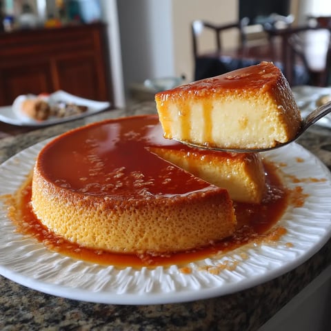 Un flan con salsa de naranja y canela.