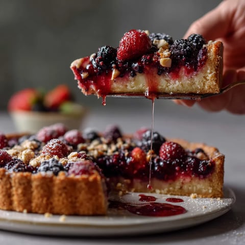 Una tarta de frutas con frambuesas y arándanos.