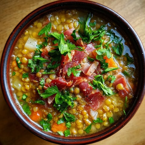 Rustic lentil soup with jamon.