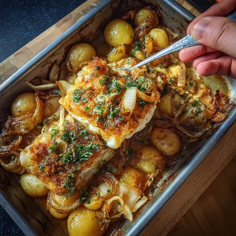 Baked cod with onions and potatoes.