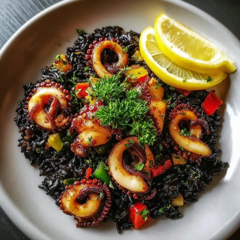 Plato de arroz negro con calamares.