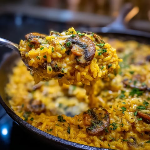 Una cacerola llena de arroz cremoso y champiñones.