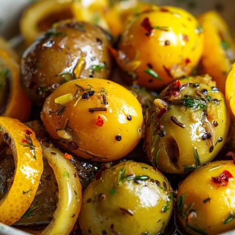 Un plato de aceitunas marinadas con zestos de limón.