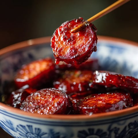 Un chorizo en un plato con un tenedor.