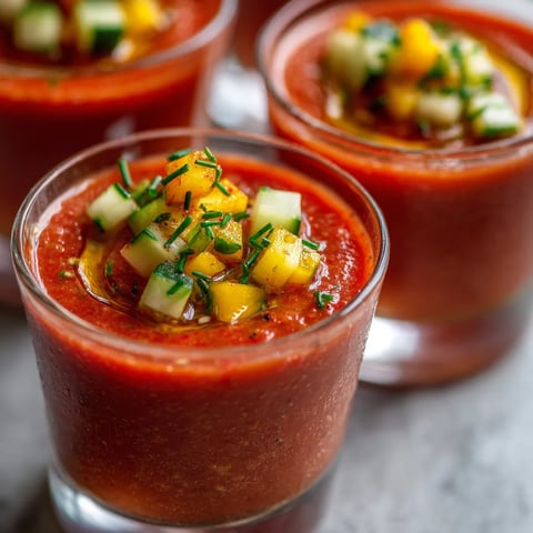 Cuatro copas de gazpacho con aceite de oliva.