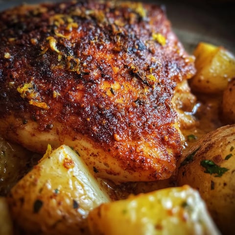 Una imagen de pollo a la plancha con papas de limón y ajo.