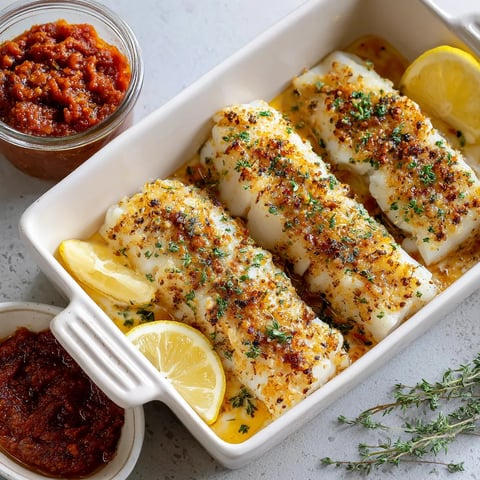 Baked cod with piquillo pepper sauce.