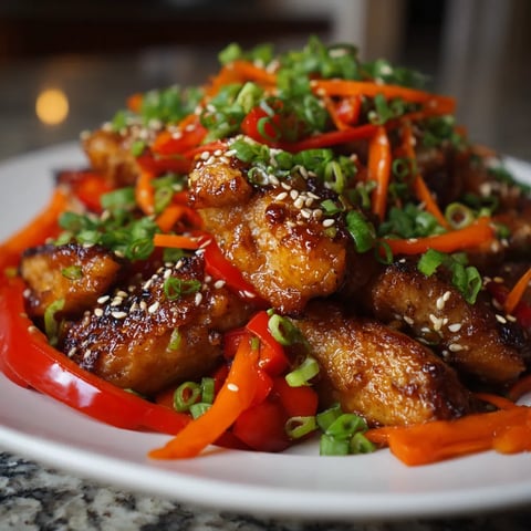 Plato de pollo con vegetales y salsa.