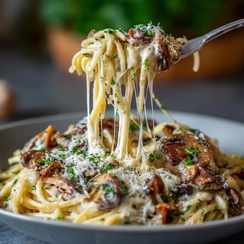 Una porción de pasta con salsa de champiñones.