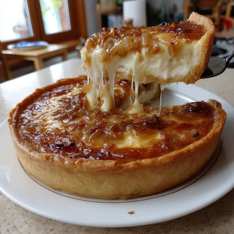 Una tarta de cebolla a la Francesa con una porción que se está cortando.