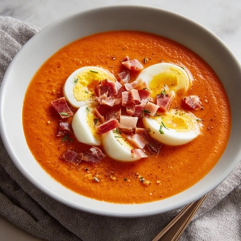 Salmorejo cordobés con huevo y jamón.