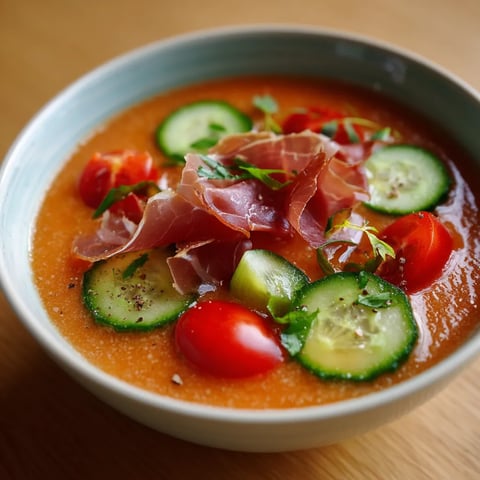 Gazpacho de cerezas con virutas de jamon.