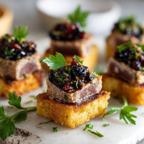 Seared tuna bites con tapenade de aceitunas en un plato de cristal.