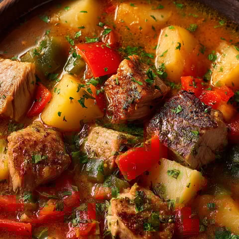 Marmitako con carne y verduras.