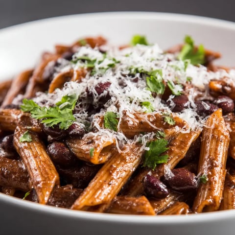 Penne con salsa mole de chocolate.