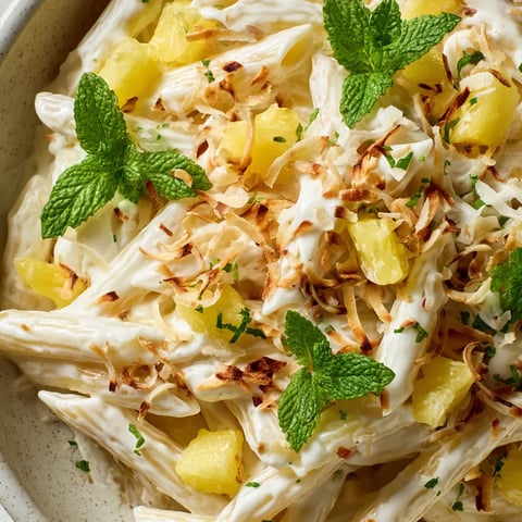 White chocolate penne con coco y piña.
