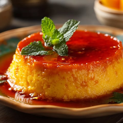 Un flan de jengibre y caramelo con una ramita de menta en la parte superior.