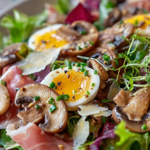 Salada de champiñones caliente con jamón ibérico y huevos de quail.