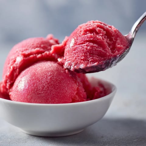 Un bol de sorbet frambuesa lichi sin la tapa.