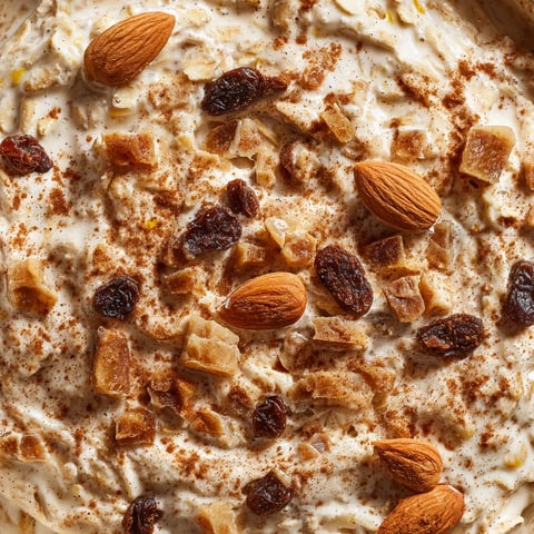 Un plato de arroz con leche con almendras y nueces.