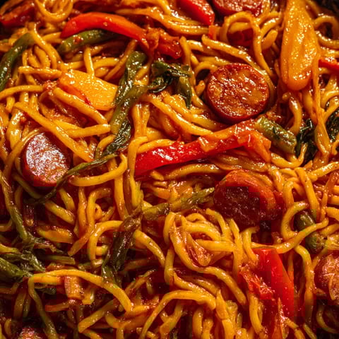 Fideos a la cazuela con chorizo y verduras.
