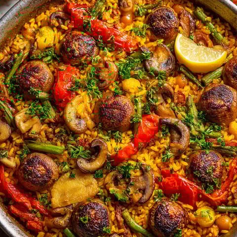Paella con chestnut y champiñones salvajes.