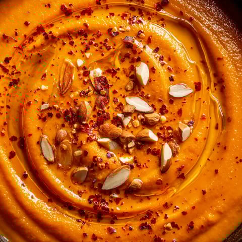 Una porción de spiced warm pumpkin gazpacho.