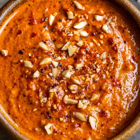 Una cazuela de salsa roja con almendras tostadas y peras asadas.