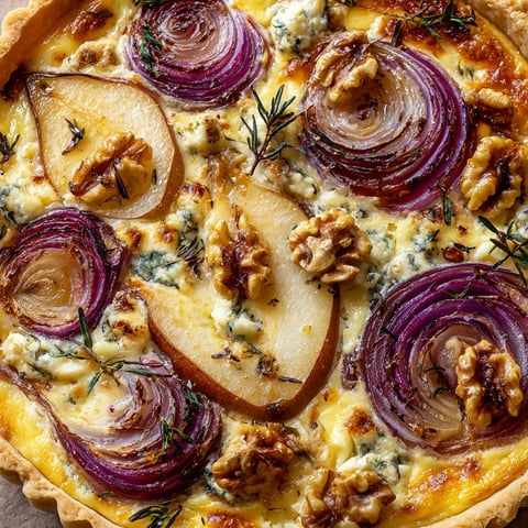 Tarta salada de pera, gorgonzola y miel de romero sobre masa quebrada.