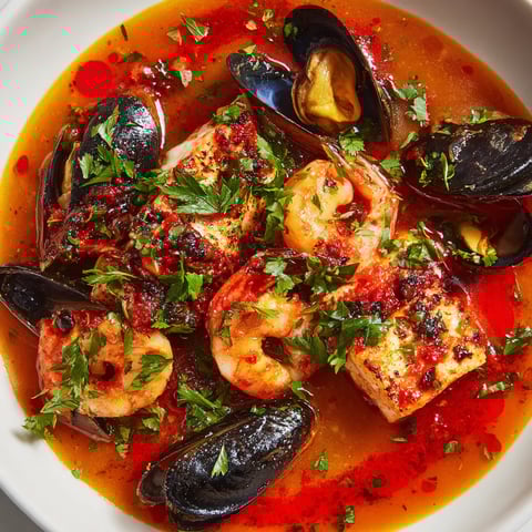 Suquet de Pescado Rosado Flambeado con Vinagreta de Piment d'Espelette.