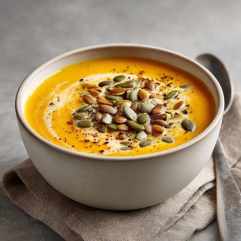 Crema de calabaza y jengibre con crujiente de semillas.