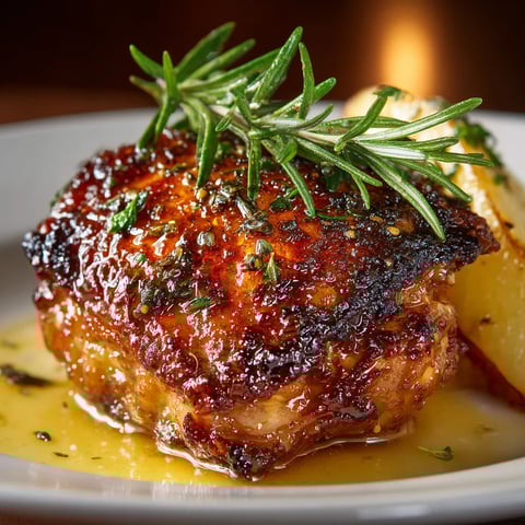 Pollo al horno con manzanas caramelizadas y romero.
