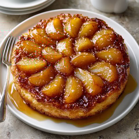 A slice of tarta de manzana invertida con toque de canela y jengibre.