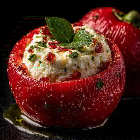 A red pepper with white cheese and green leaves on top.